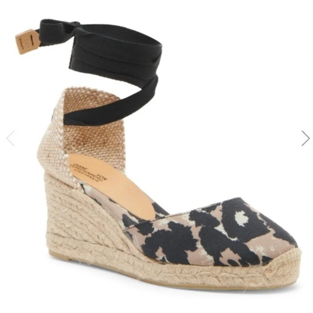 Diane von Furstenberg X Castaner Espadrille Wedge Sandals Black and Tan
